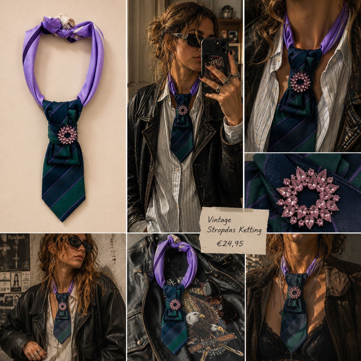 Vintage Stropdas Ketting met Broche – Upcycled Tie Necklace Paars & Groen