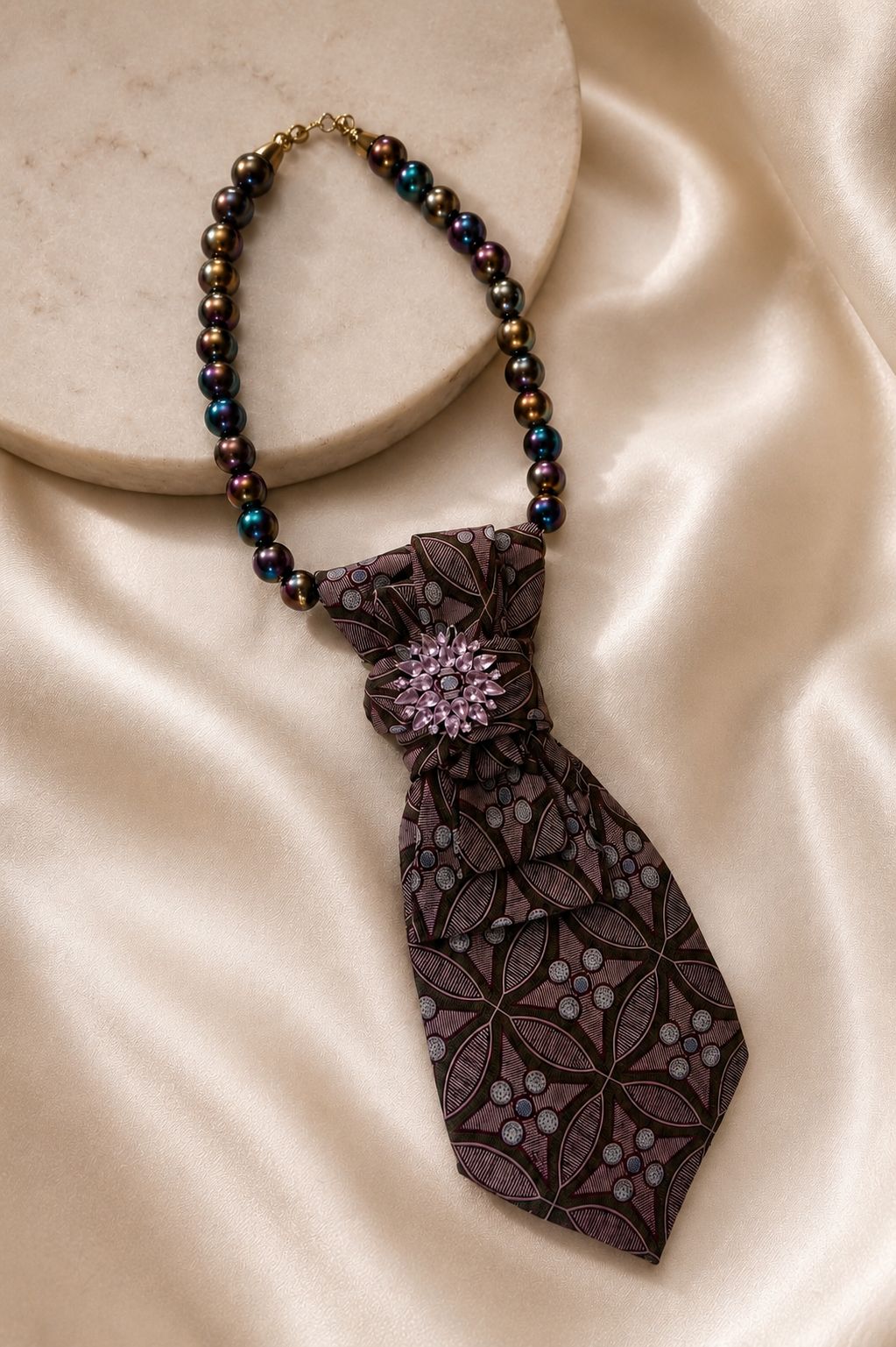 Vintage Tie Necklace Paars Bruin Bloemenprint Handmade